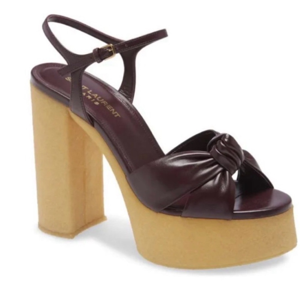 Saint Laurent Bianca Leather‎ High Heel Rubber Platform Sandal 37 Wine Burgundy